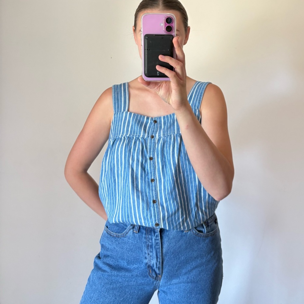 Cotton Sleeveless Striped Button Front Jean White Sleeveless Top Women’s Medium